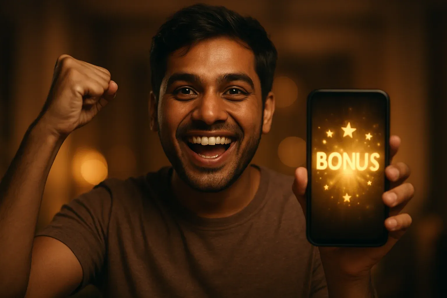 Joyful Bangladeshi man holding smartphone with glowing bonus notification screen