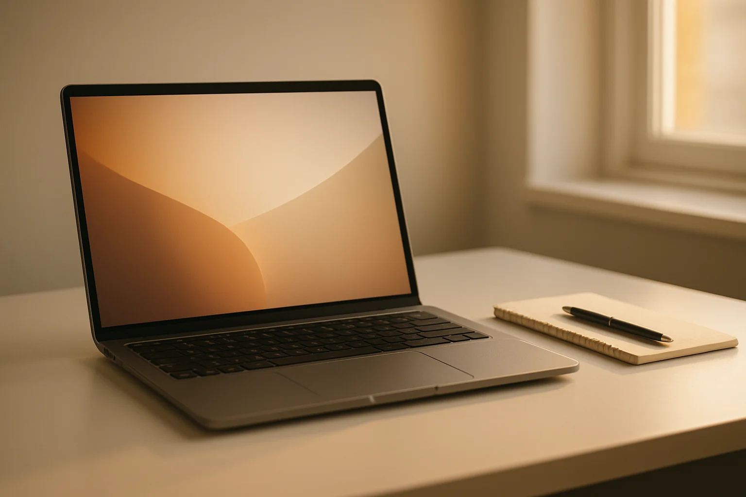 Modern laptop on white desk with abstract glowing screen