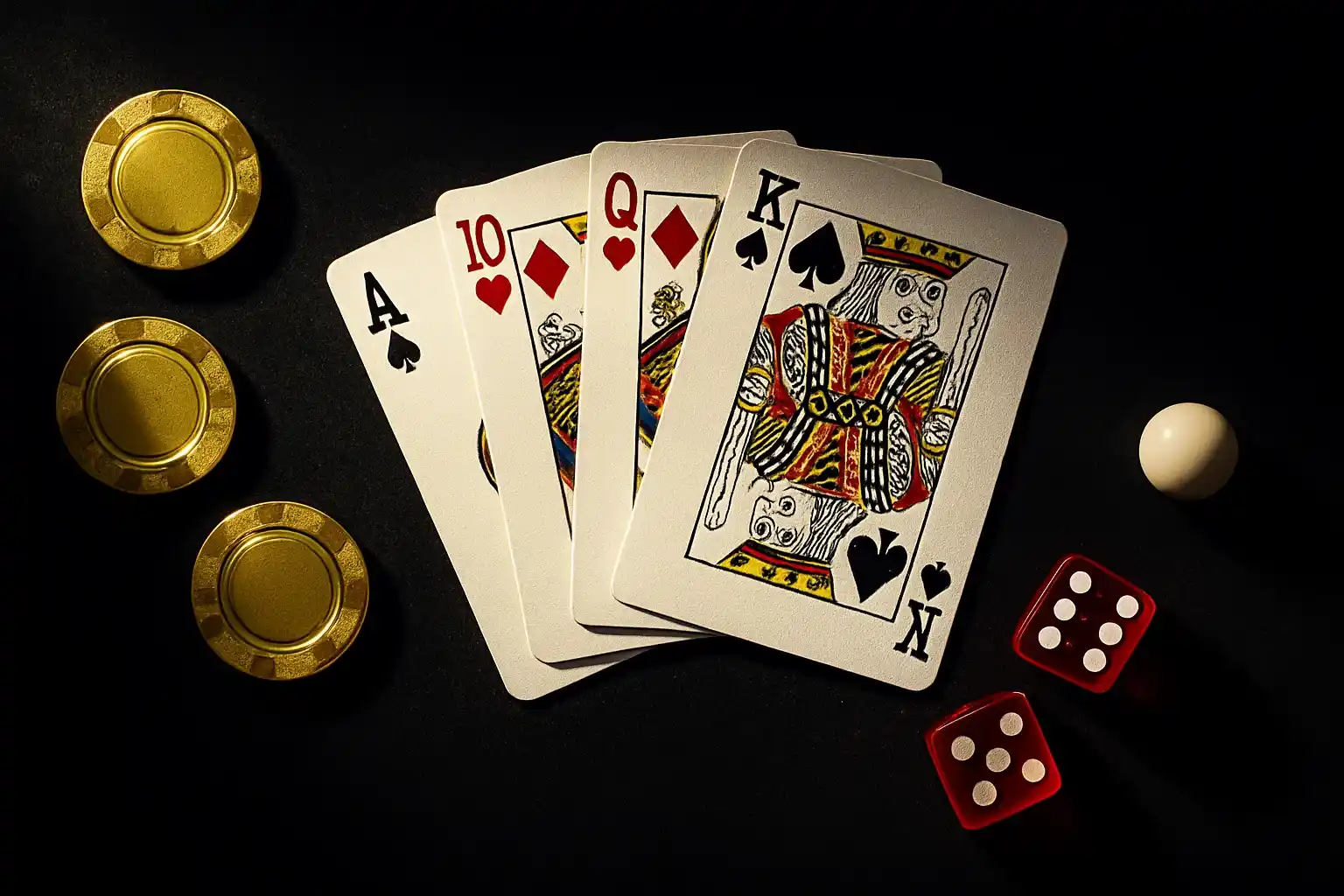 Top-down casino scene with chips, cards, dice, and roulette ball