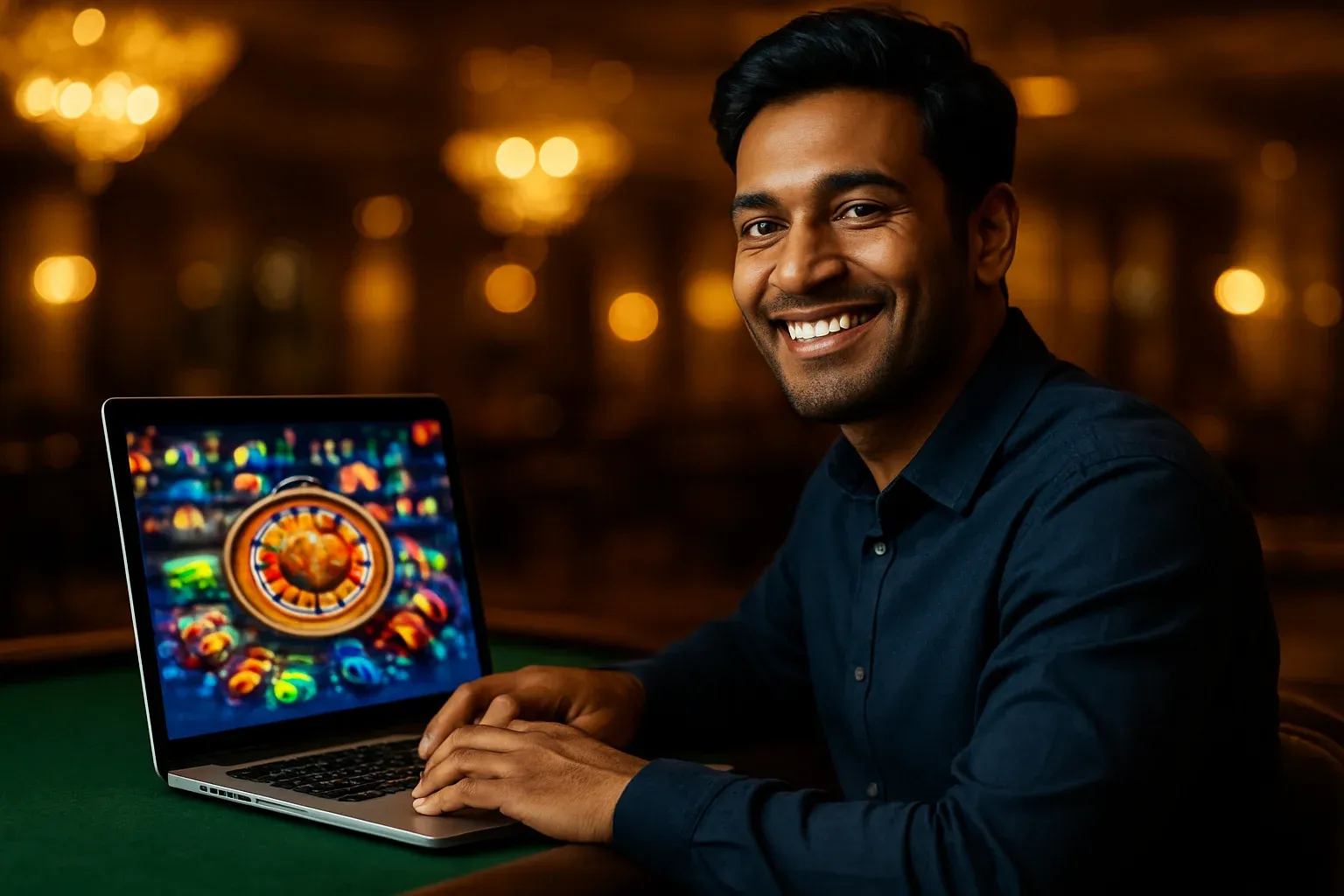 Cheerful Bangladeshi man with open laptop in premium casino lounge