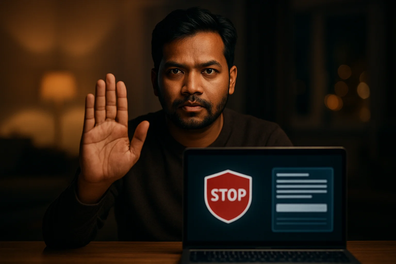 Bangladeshi man shows stop gesture beside laptop with session limit icon